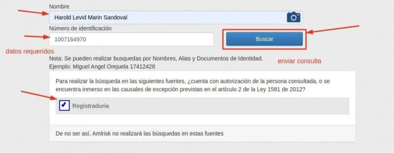 Interfaz de consulta registraduría en AMLRISK con campos de nombre, número de identificación y opción de búsqueda