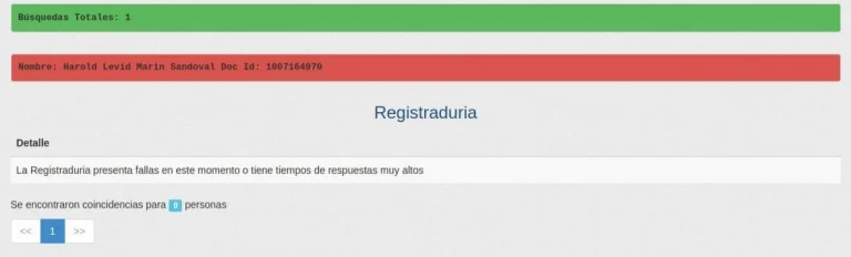 Resultado de consulta a la Registraduría Nacional sobre la validación de documentos con tiempos de respuesta altos o fallas.