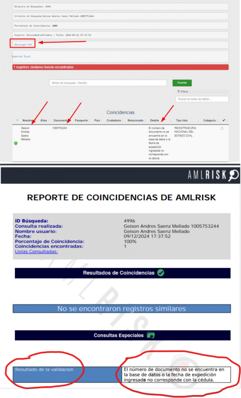 Resultado insatisfactorio de consulta registraduría en AMLRISK con validación de documento incorrecto.