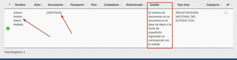 Resultado de consulta registraduría en AMLRISK indicando error en el número de documento o fecha de expedición.