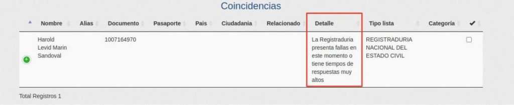 Resultado de consulta registraduría en AMLRISK con mensaje de error debido a fallas en la Registraduría.