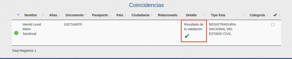 Resultado satisfactorio de la consulta en la Registraduría para Harold Levid Marín Sandoval, indicando que su validación es correcta.