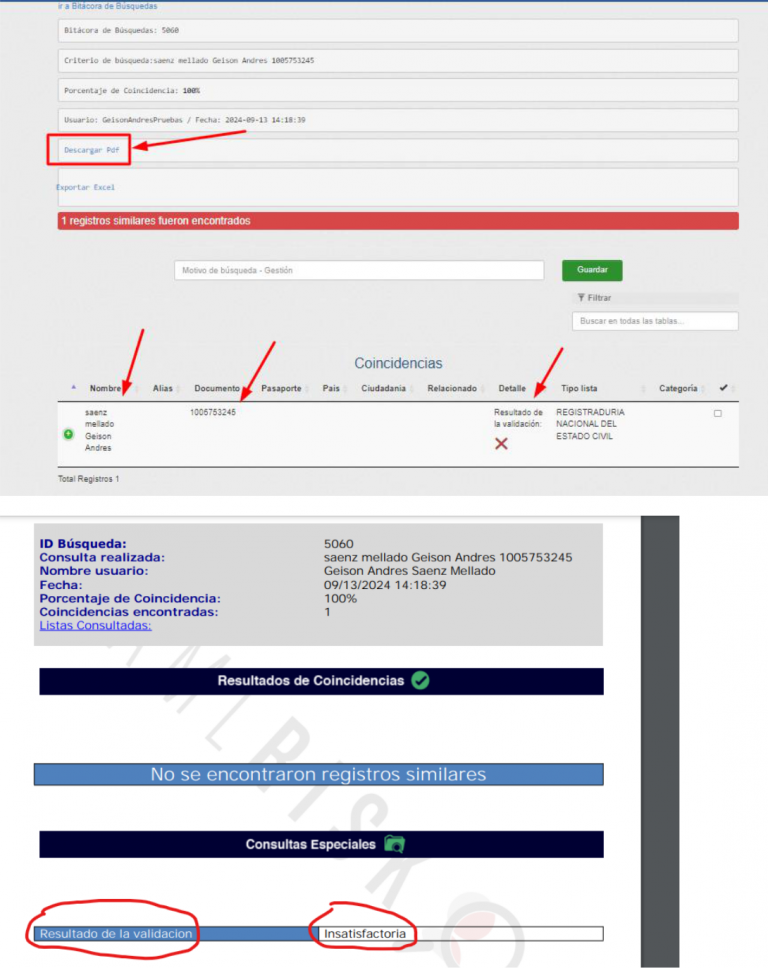 Resultado de consulta registraduría en AMLRISK mostrando validación insatisfactoria.