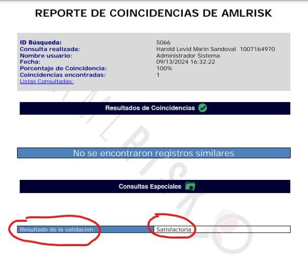 Reporte de coincidencias AMLRISK mostrando resultado satisfactorio en consulta registraduría.