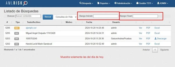 Pantalla de bitácora AMLRISK mostrando las consultas del día actual.