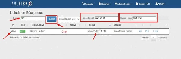 Búsqueda en AMLRISK utilizando número de bitácora y rango de fechas.