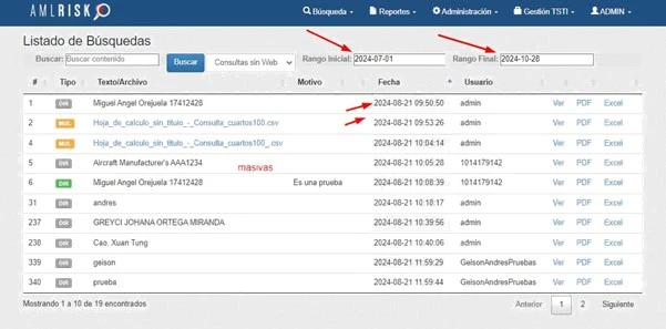 Bitácora AMLRISK mostrando consultas con rango de fecha personalizado.