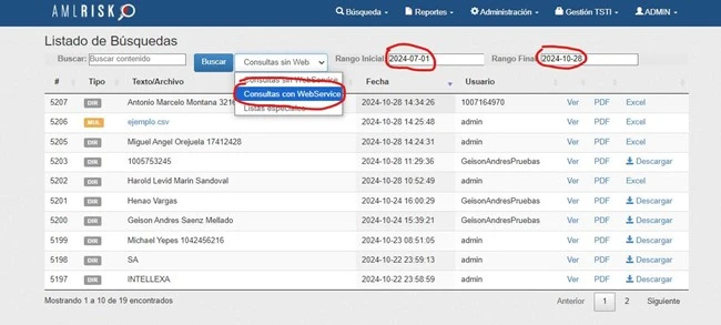 Listado de búsquedas en AMLRISK filtrado por fecha y tipo de consulta WebService.
