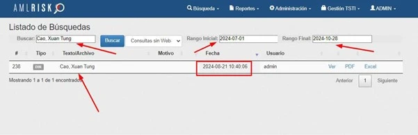 Resultado de búsqueda en bitácora AMLRISK con filtro de fecha y usuario.