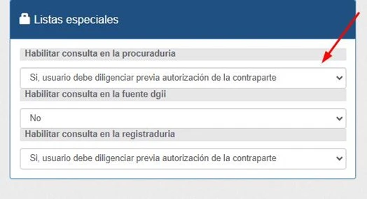 Opciones de habilitación de la consulta a la Procuraduría en la sección de listas especiales de AMLRISK.