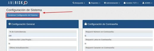 Pantalla de configuración del sistema en AMLRISK para gestionar la activación de la consulta a la Procuraduría.