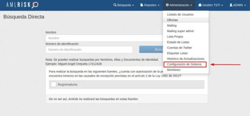 Interfaz de AMLRISK mostrando cómo acceder a la configuración de sistema para habilitar la consulta a la Procuraduría.