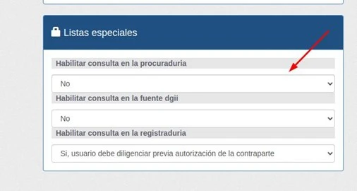 Opciones de configuración en AMLRISK para habilitar la consulta a la Procuraduría desde la sección de listas especiales.