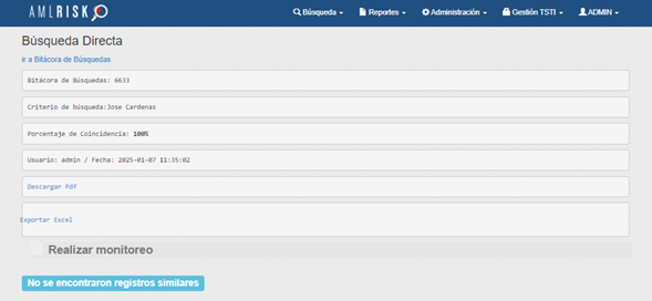Pantalla de búsqueda directa en AMLRISK, herramienta de RiskTech, indicando que no se encontraron registros similares para el criterio "Jose Cárdenas".
