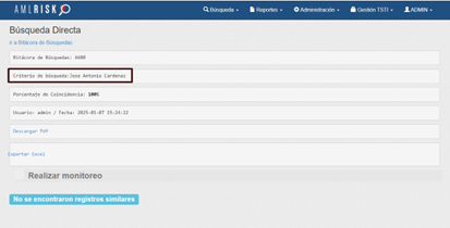 Pantalla de búsqueda directa en AMLRISK, herramienta de RiskTech, indicando que no se encontraron registros similares para el criterio "Jose Antonio Cárdenas".