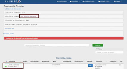 Pantalla de búsqueda directa en AMLRISK, herramienta de RiskTech, mostrando un registro similar encontrado para el criterio "Jose Antonio Cárdenas".