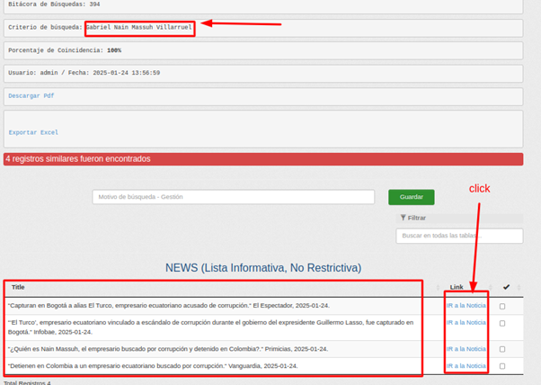 Pantalla de AMLRISK mostrando resultados de búsqueda relacionados con "Gabriel Nain Massuh Villarruel" y registros informativos sobre delitos fuente AML.