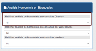 Configuración de análisis de homonimia en AMLRISK, herramienta de RiskTech, mostrando opciones para consultas directas, por web service y masivas.