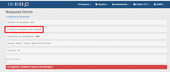 Pantalla de búsqueda directa en AMLRISK, herramienta de RiskTech, mostrando resultados similares para el criterio "Jose Cárdenas".